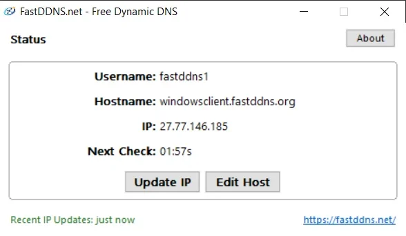 FastDDNS Windows client status screen showing current IP address, hostname, and next check timer