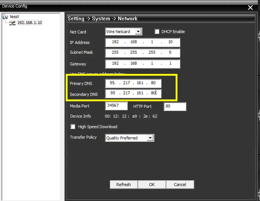 Xiongmai DVR network settings page showing Primary DNS and Secondary DNS fields changed to FastDDNS server address 95.217.161.80, highlighted in yellow