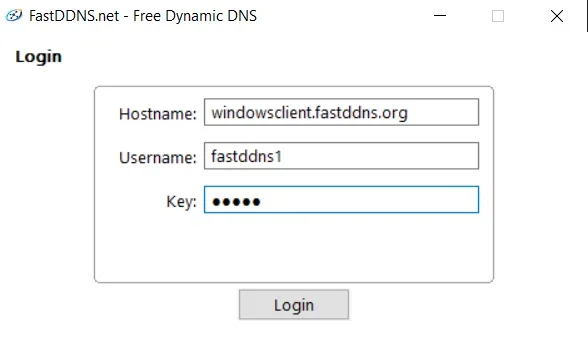 FastDDNS Windows client login screen with Hostname, Username, and Key fields