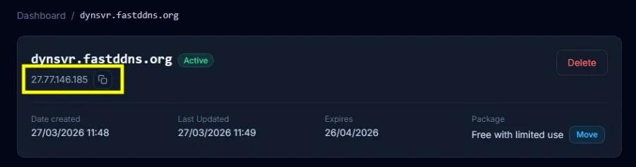 Hostname and IP address display information after successful ddns installation