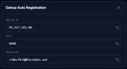 FastDDNSダッシュボード:サーバーIP、ポート、デバイスIDを含むDahua自動登録パネル
