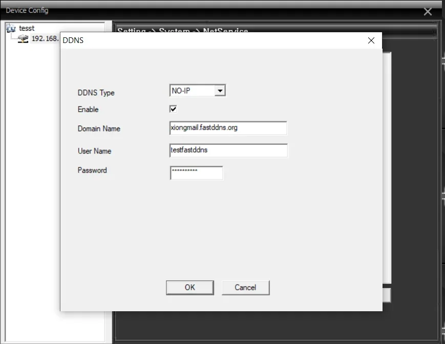 Xiongmai DVR DDNS configuration dialog with DDNS Type set to NO-IP, Enable checked, and FastDDNS hostname, username, and password filled in