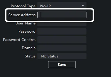 No-IP DDNS settings with an editable Server Address field on a Dahua device